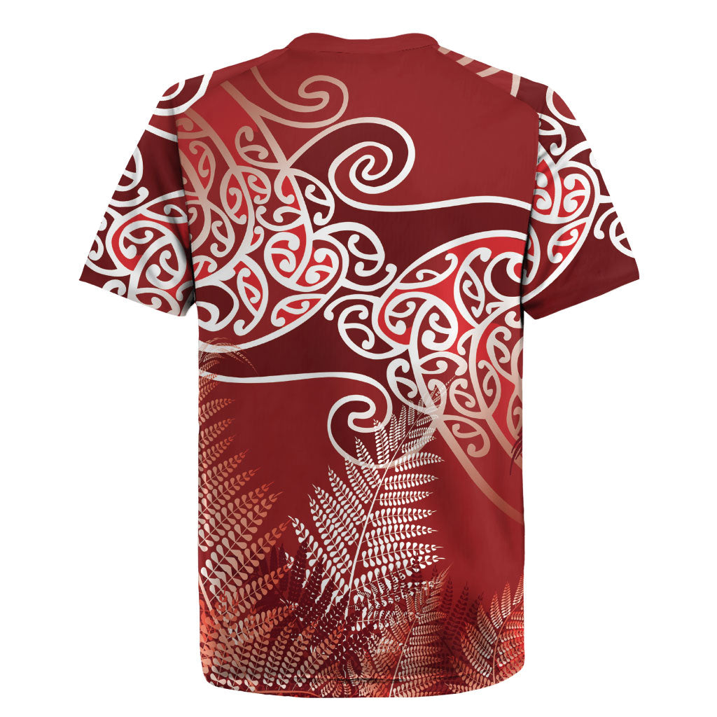 Aotearoa Maori Koru Curves Rugby Jersey Silver Ferns - Crimson Red