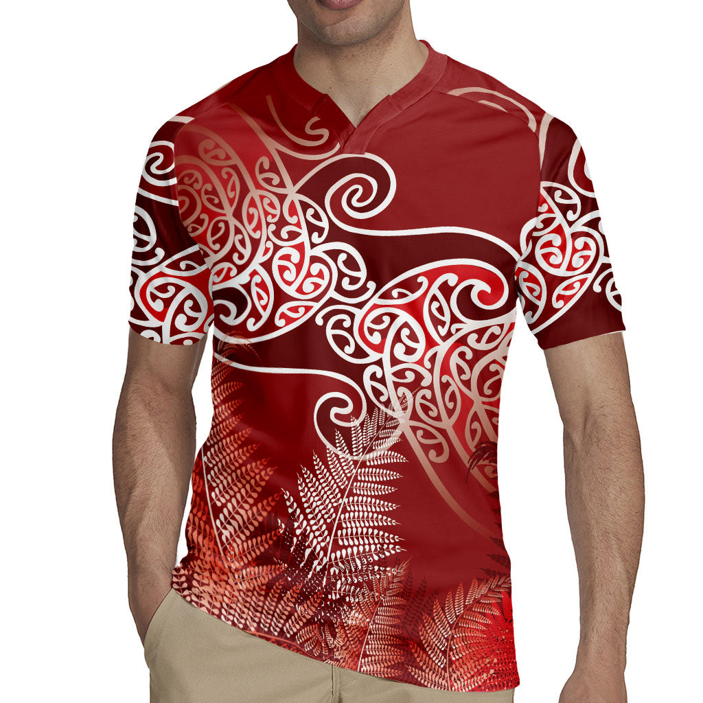 Aotearoa Maori Koru Curves Rugby Jersey Silver Ferns - Crimson Red