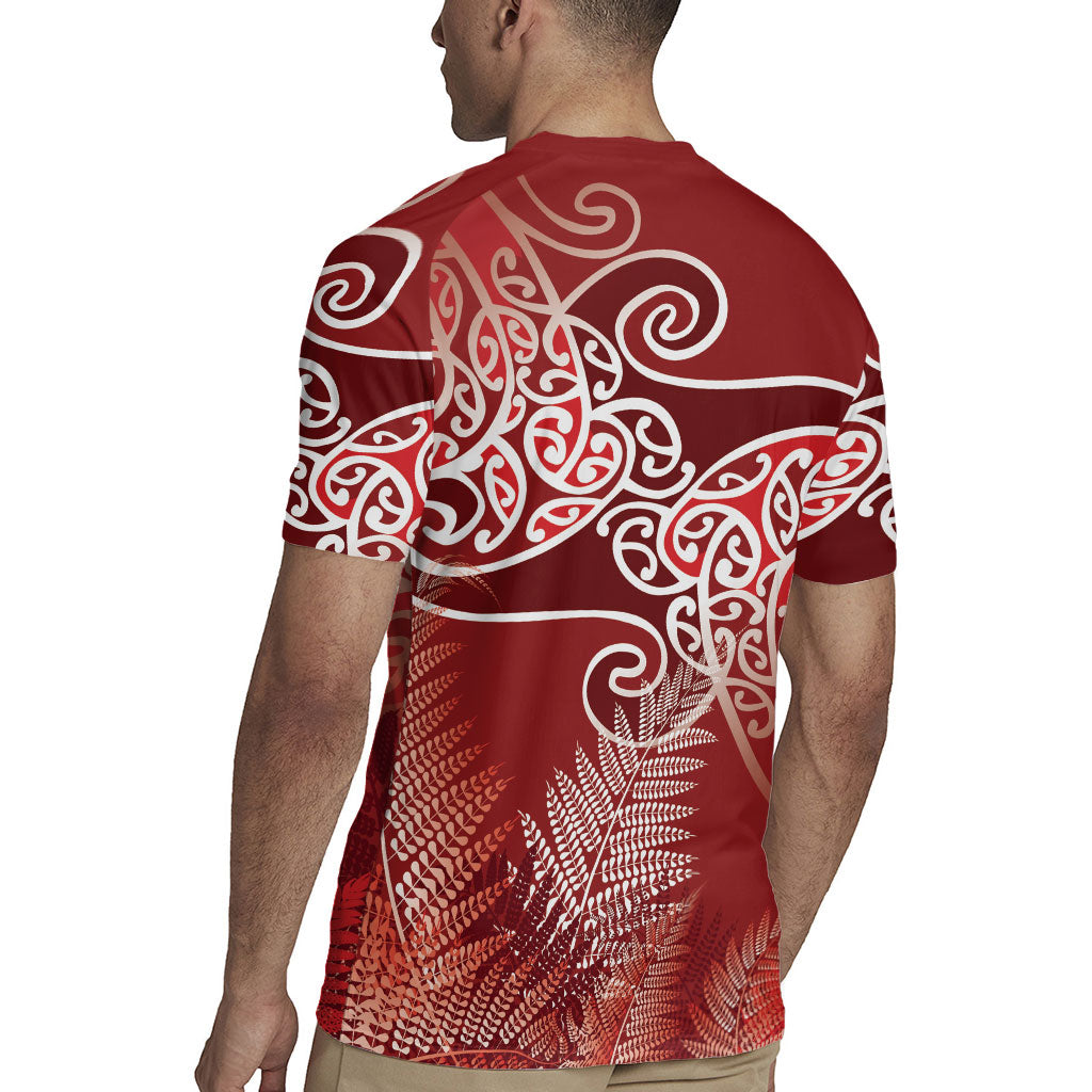 Aotearoa Maori Koru Curves Rugby Jersey Silver Ferns - Crimson Red