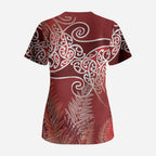 Aotearoa Maori Koru Curves Scrub Top Silver Ferns - Crimson Red