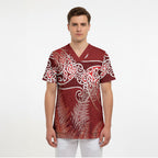 Aotearoa Maori Koru Curves Scrub Top Silver Ferns - Crimson Red