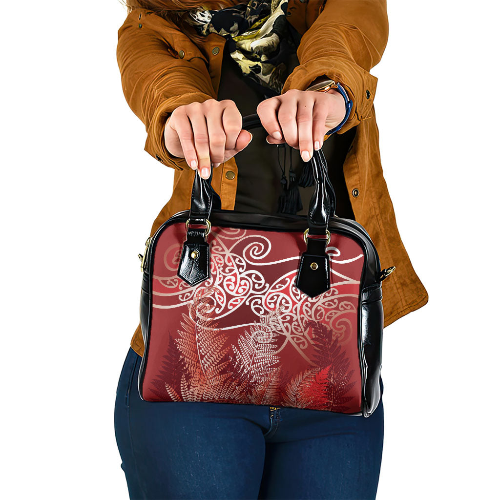 Aotearoa Maori Koru Curves Shoulder Handbag Silver Ferns - Crimson Red