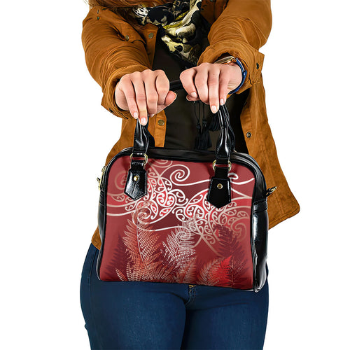 Aotearoa Maori Koru Curves Shoulder Handbag Silver Ferns - Crimson Red