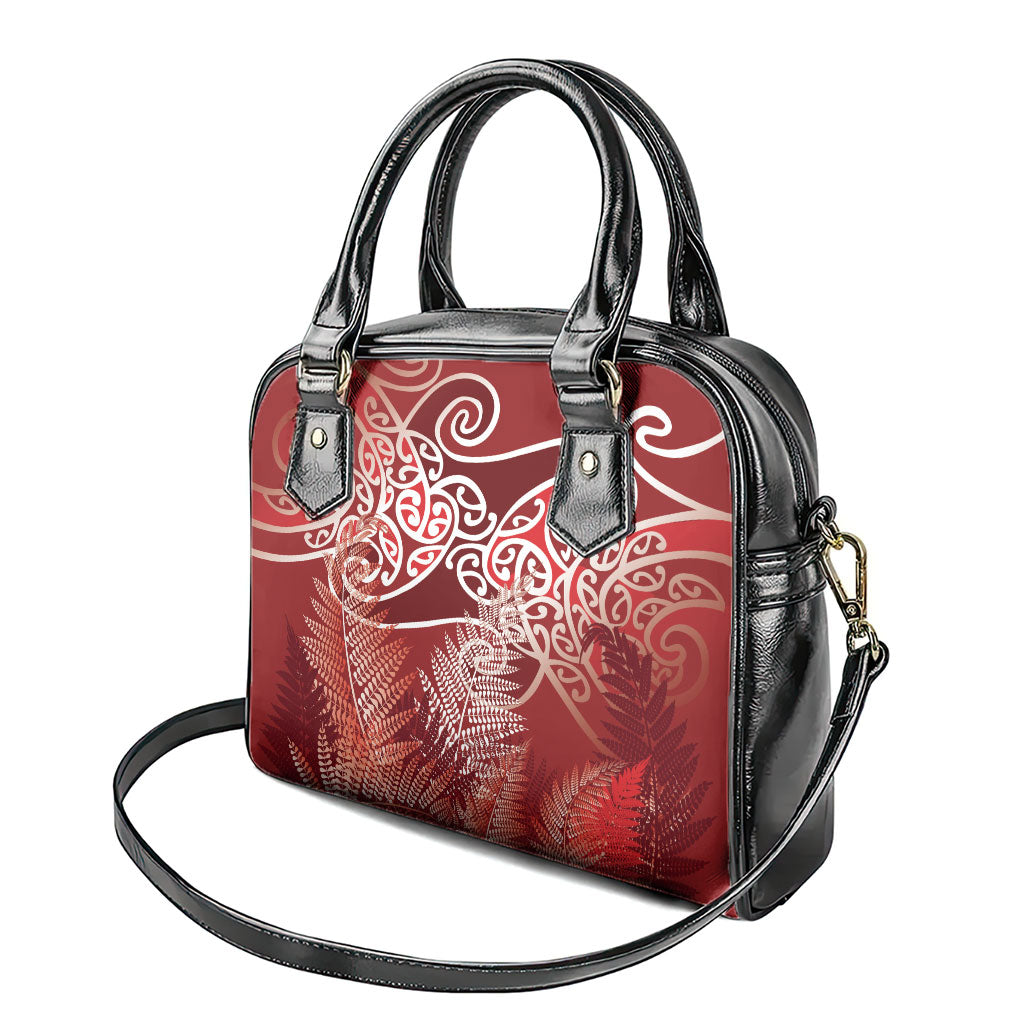 Aotearoa Maori Koru Curves Shoulder Handbag Silver Ferns - Crimson Red