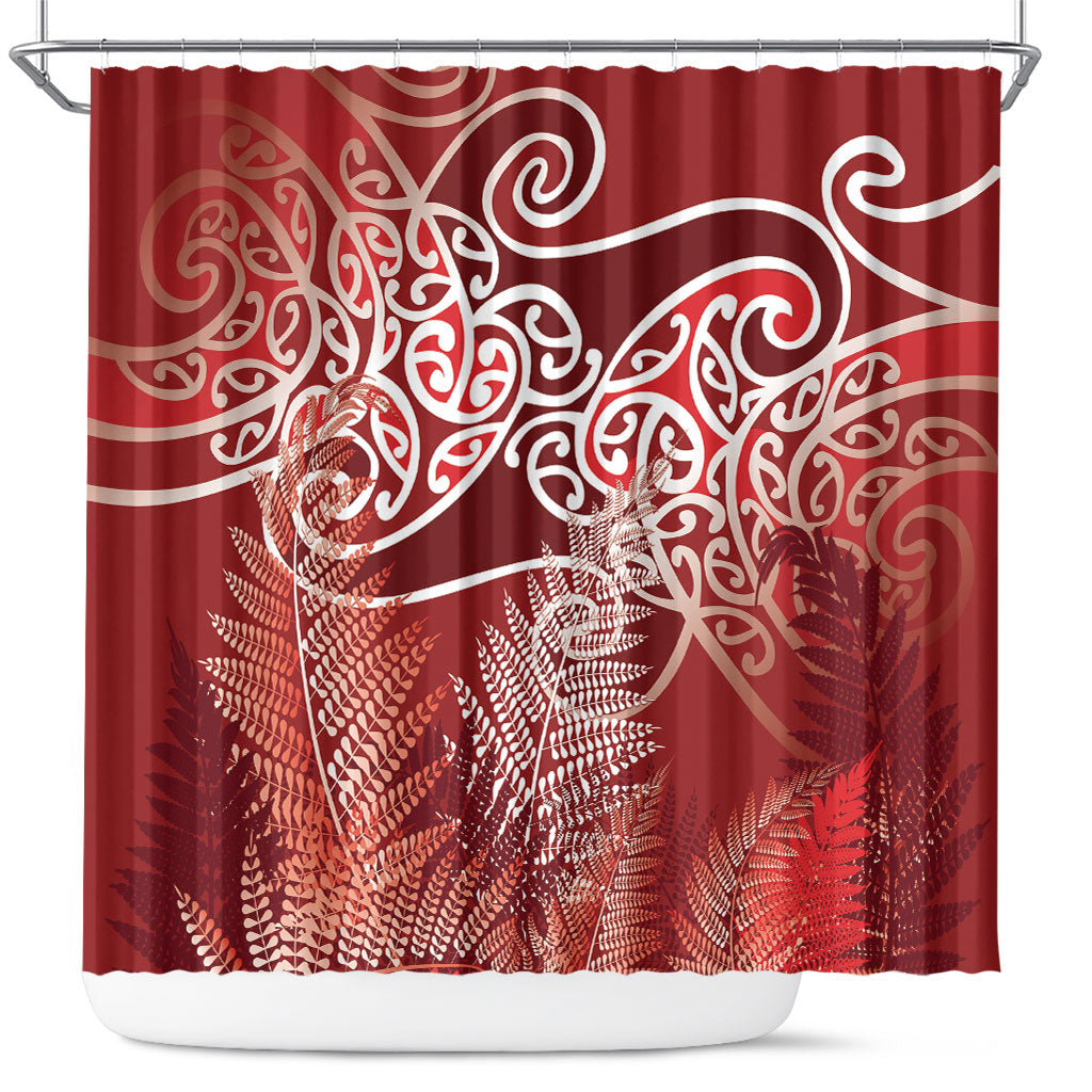 Aotearoa Maori Koru Curves Shower Curtain Silver Ferns - Crimson Red