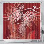 Aotearoa Maori Koru Curves Shower Curtain Silver Ferns - Crimson Red