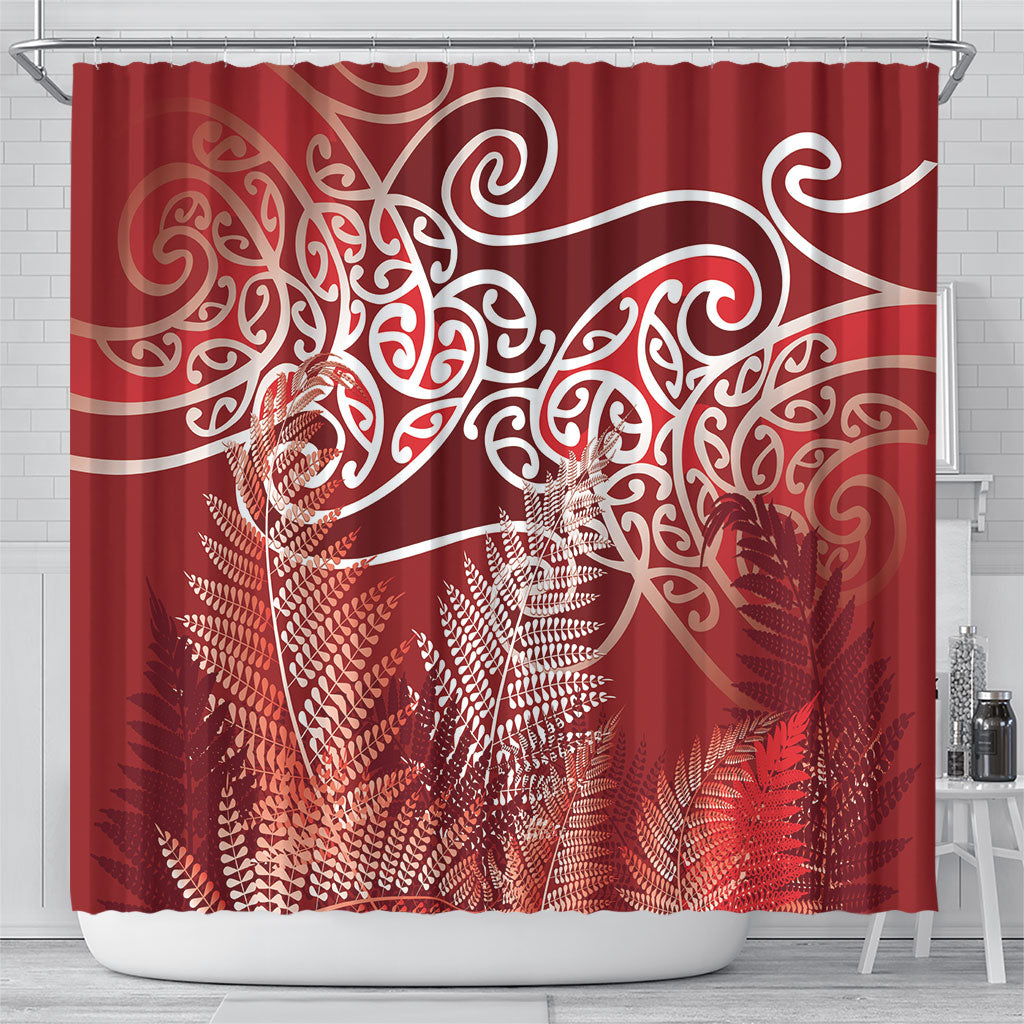 Aotearoa Maori Koru Curves Shower Curtain Silver Ferns - Crimson Red