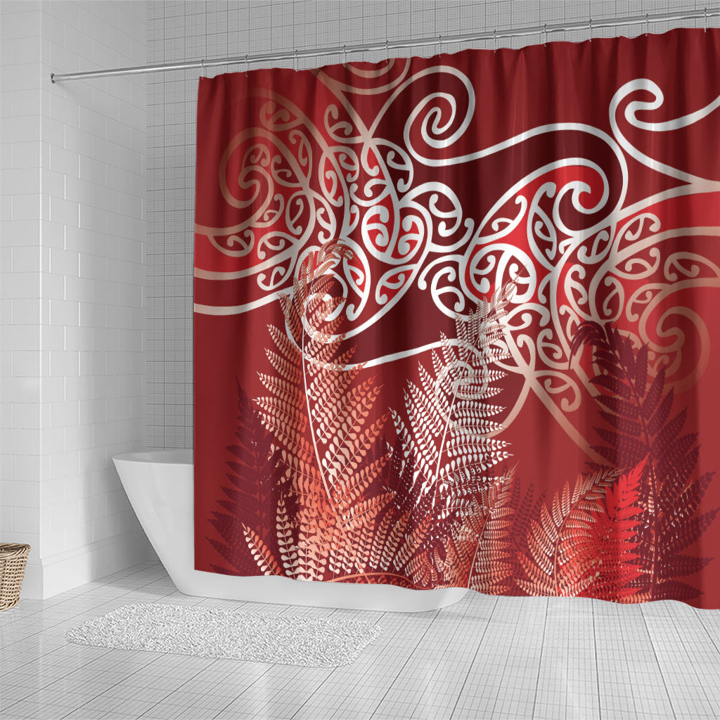 Aotearoa Maori Koru Curves Shower Curtain Silver Ferns - Crimson Red