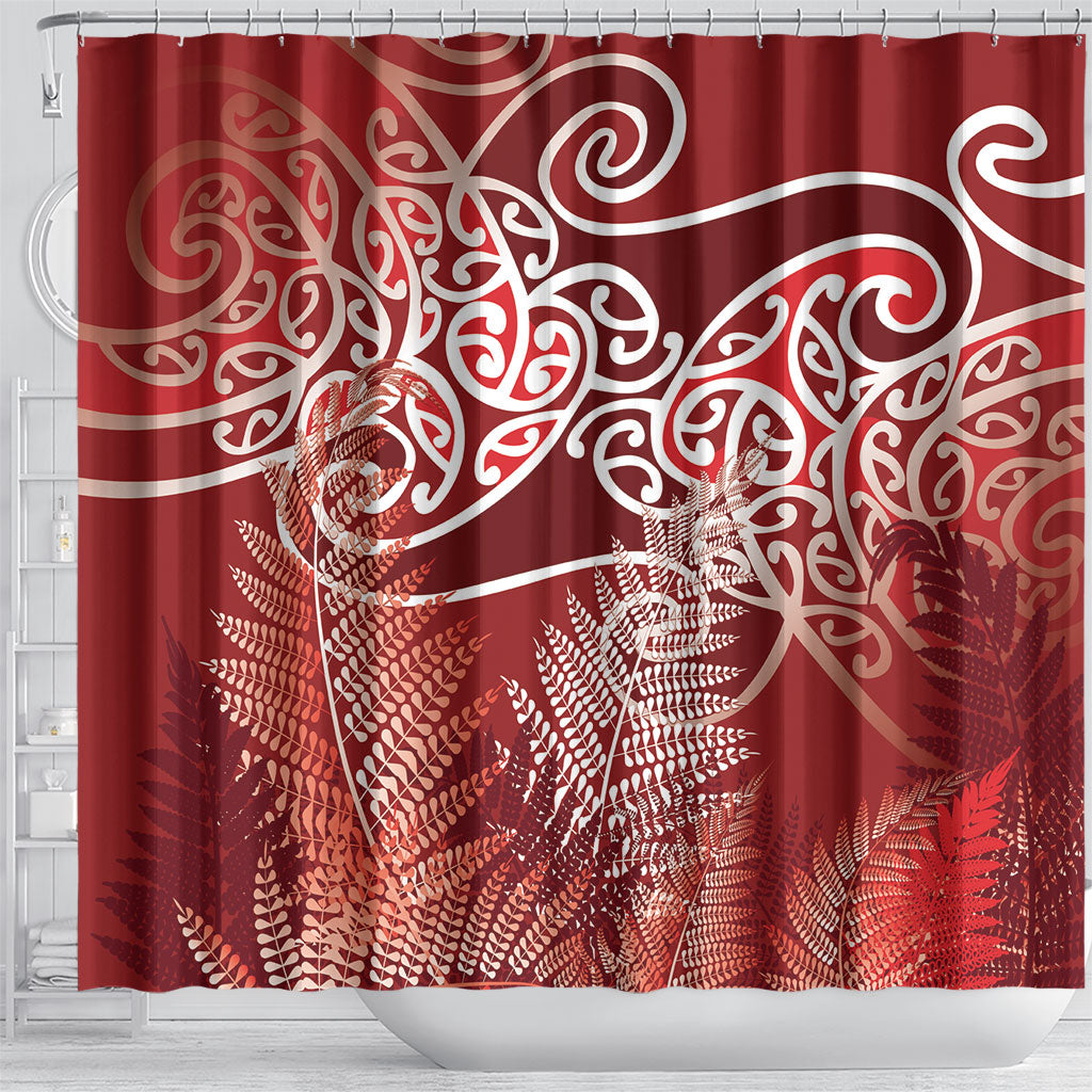 Aotearoa Maori Koru Curves Shower Curtain Silver Ferns - Crimson Red