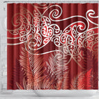 Aotearoa Maori Koru Curves Shower Curtain Silver Ferns - Crimson Red