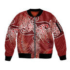 Aotearoa Maori Koru Curves Sleeve Zip Bomber Jacket Silver Ferns - Crimson Red
