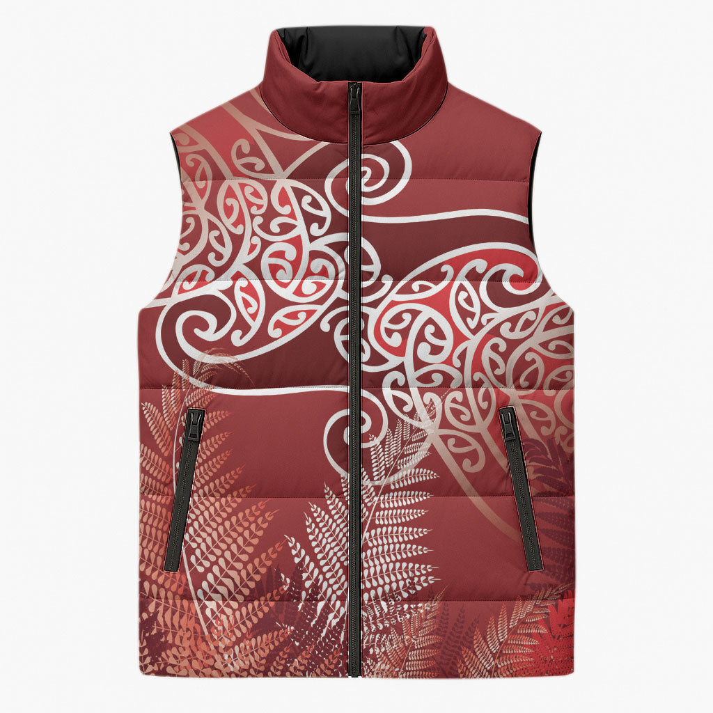Aotearoa Maori Koru Curves Sleeveless Puffer Jacket Silver Ferns - Crimson Red