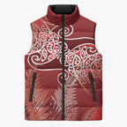 Aotearoa Maori Koru Curves Sleeveless Puffer Jacket Silver Ferns - Crimson Red