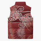 Aotearoa Maori Koru Curves Sleeveless Puffer Jacket Silver Ferns - Crimson Red