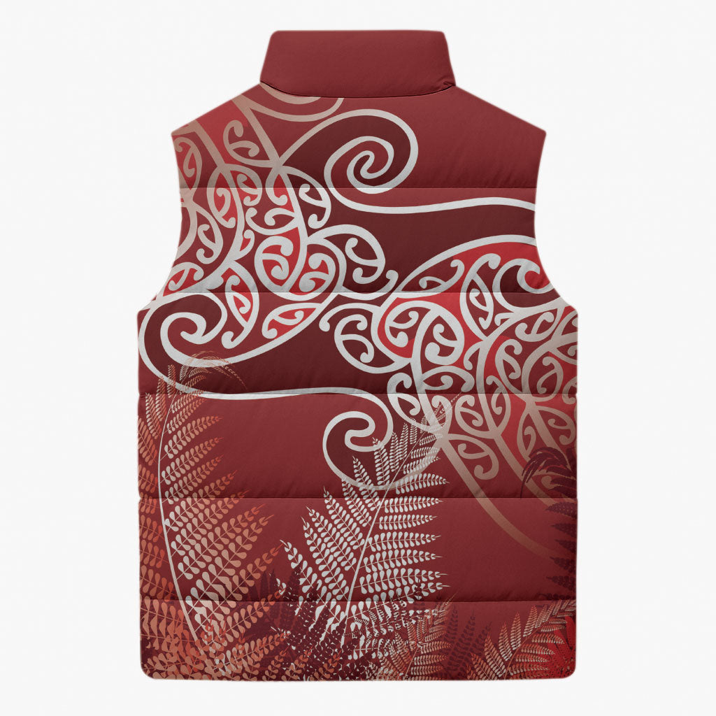 Aotearoa Maori Koru Curves Sleeveless Puffer Jacket Silver Ferns - Crimson Red
