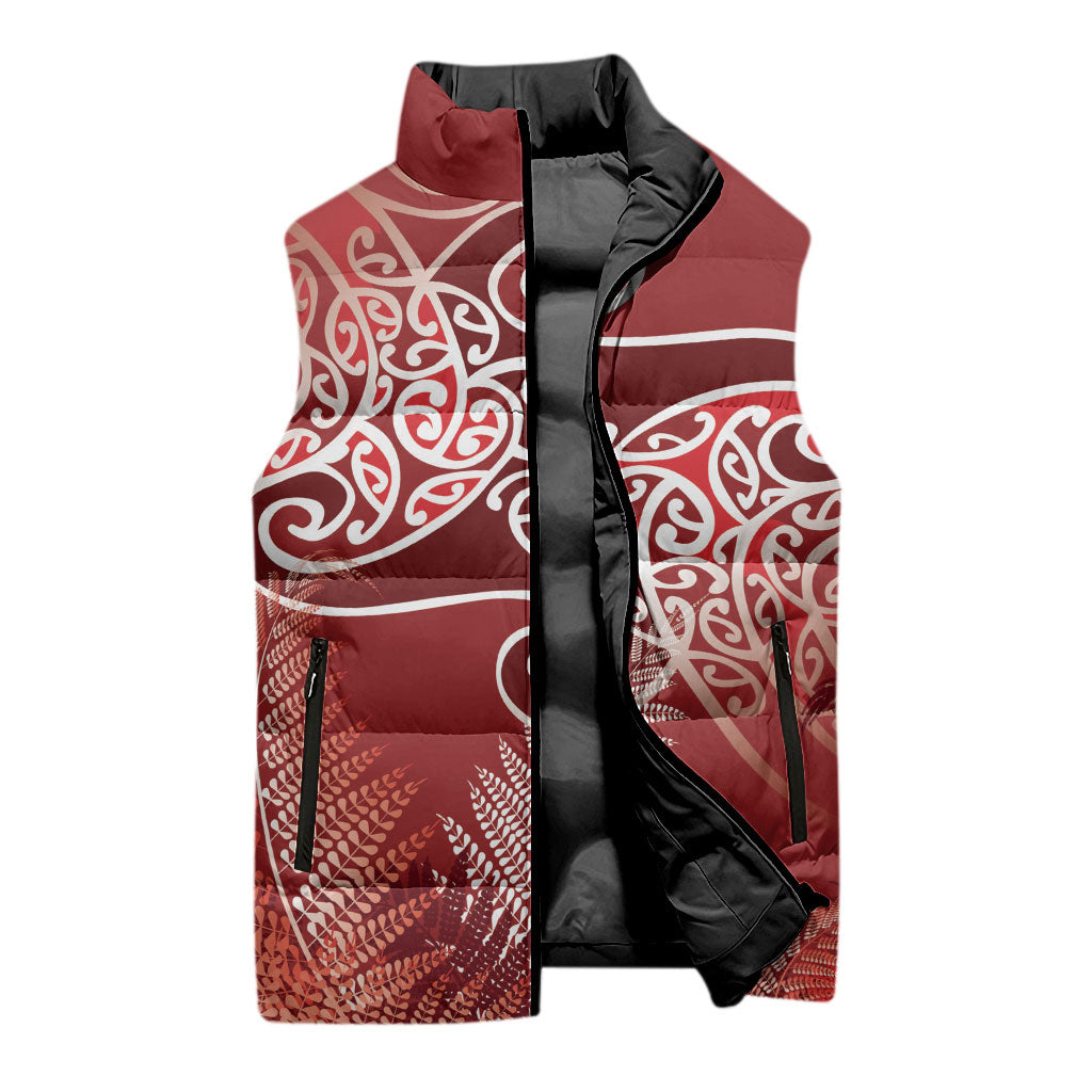Aotearoa Maori Koru Curves Sleeveless Puffer Jacket Silver Ferns - Crimson Red