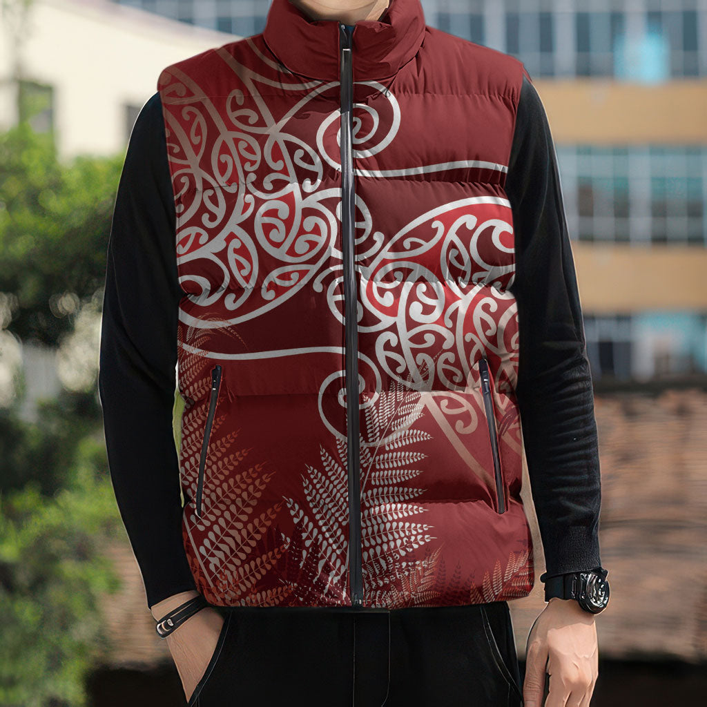 Aotearoa Maori Koru Curves Sleeveless Puffer Jacket Silver Ferns - Crimson Red