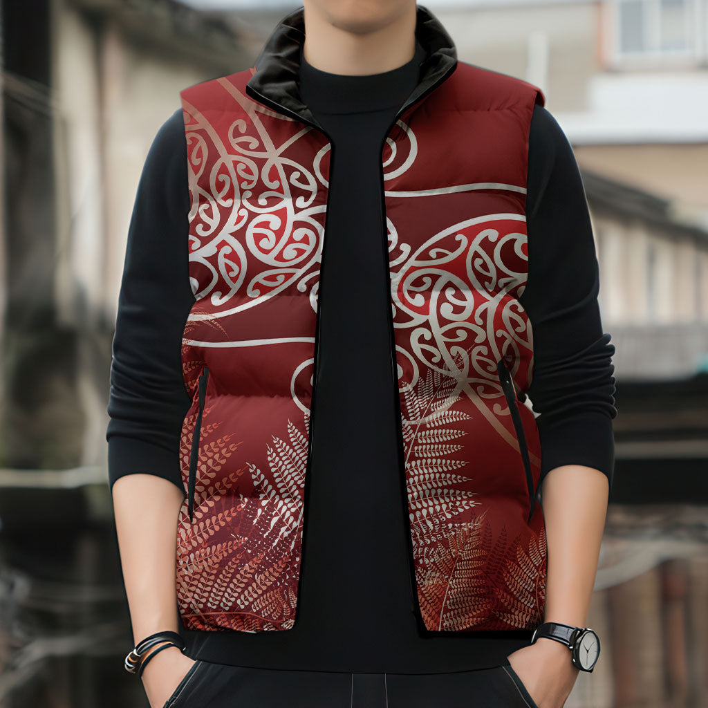 Aotearoa Maori Koru Curves Sleeveless Puffer Jacket Silver Ferns - Crimson Red