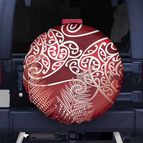 Aotearoa Maori Koru Curves Spare Tire Cover Silver Ferns - Crimson Red
