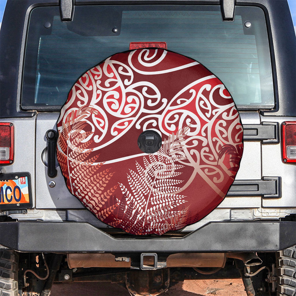Aotearoa Maori Koru Curves Spare Tire Cover Silver Ferns - Crimson Red