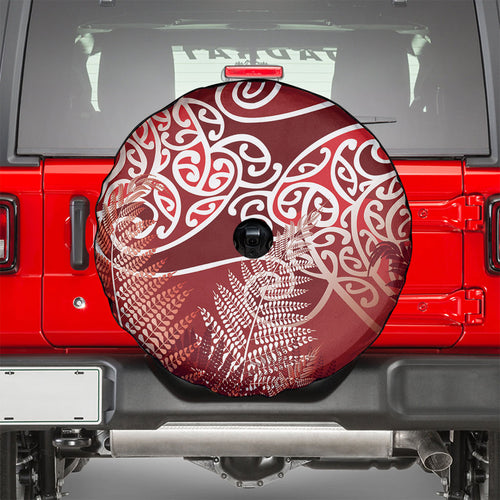 Aotearoa Maori Koru Curves Spare Tire Cover Silver Ferns - Crimson Red