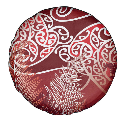 Aotearoa Maori Koru Curves Spare Tire Cover Silver Ferns - Crimson Red