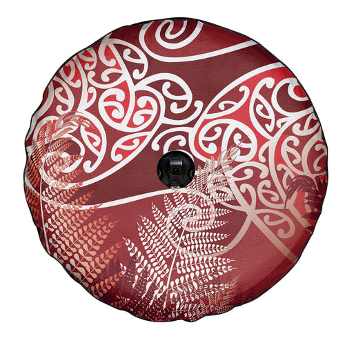 Aotearoa Maori Koru Curves Spare Tire Cover Silver Ferns - Crimson Red