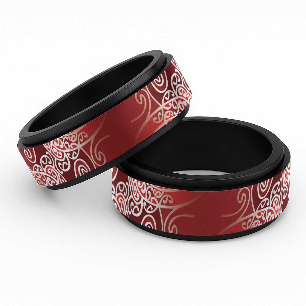 Aotearoa Maori Koru Curves Spinner Ring Silver Ferns - Crimson Red