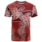 Aotearoa Maori Koru Curves T Shirt Silver Ferns - Crimson Red