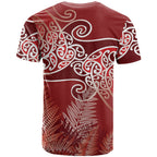 Aotearoa Maori Koru Curves T Shirt Silver Ferns - Crimson Red