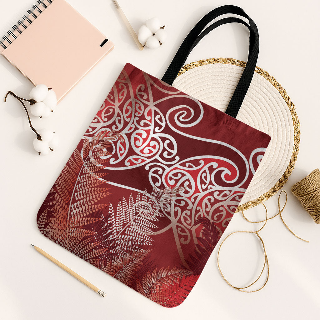 Aotearoa Maori Koru Curves Tote Bag Silver Ferns - Crimson Red