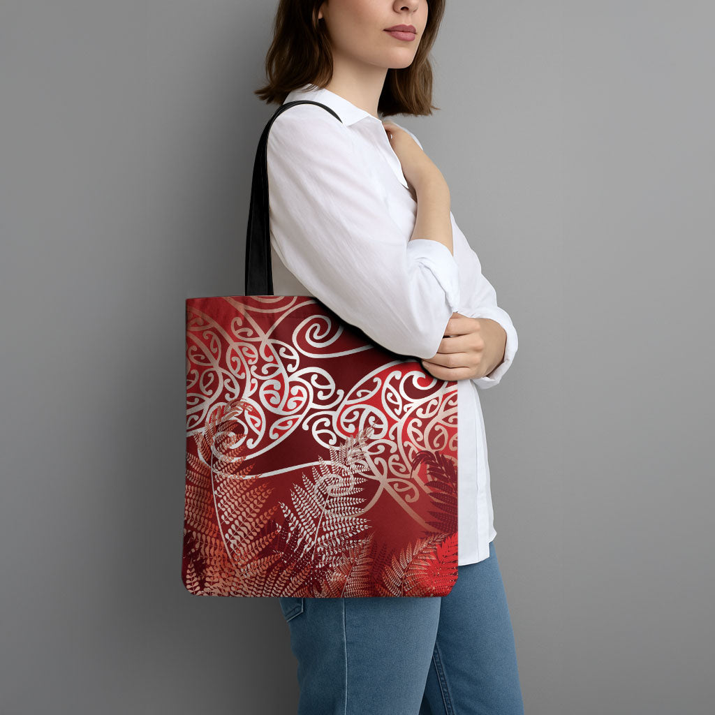 Aotearoa Maori Koru Curves Tote Bag Silver Ferns - Crimson Red