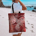 Aotearoa Maori Koru Curves Tote Bag Silver Ferns - Crimson Red