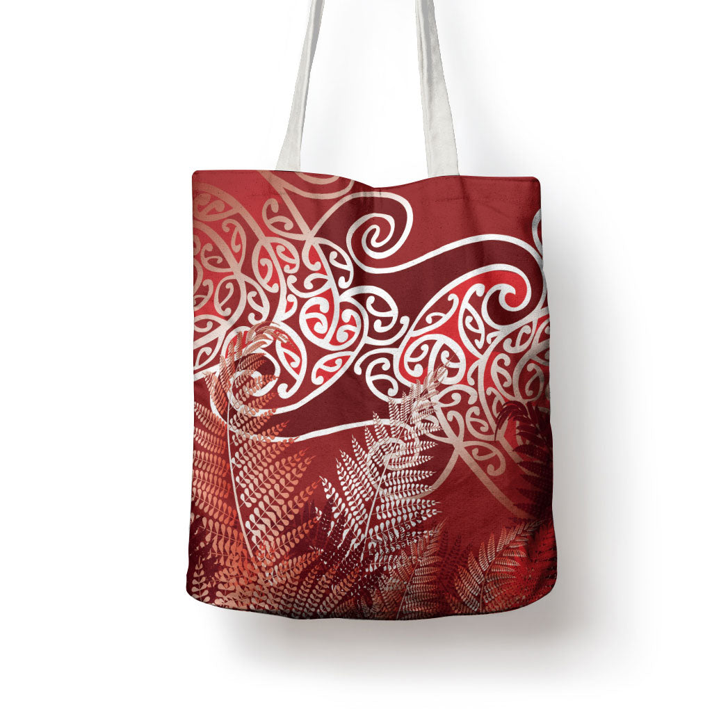 Aotearoa Maori Koru Curves Tote Bag Silver Ferns - Crimson Red