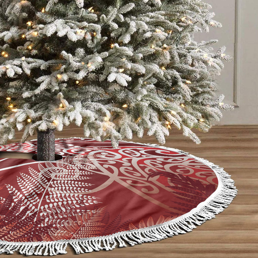Aotearoa Maori Koru Curves Tree Skirt Silver Ferns - Crimson Red