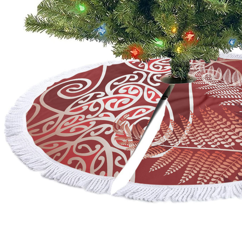 Aotearoa Maori Koru Curves Tree Skirt Silver Ferns - Crimson Red
