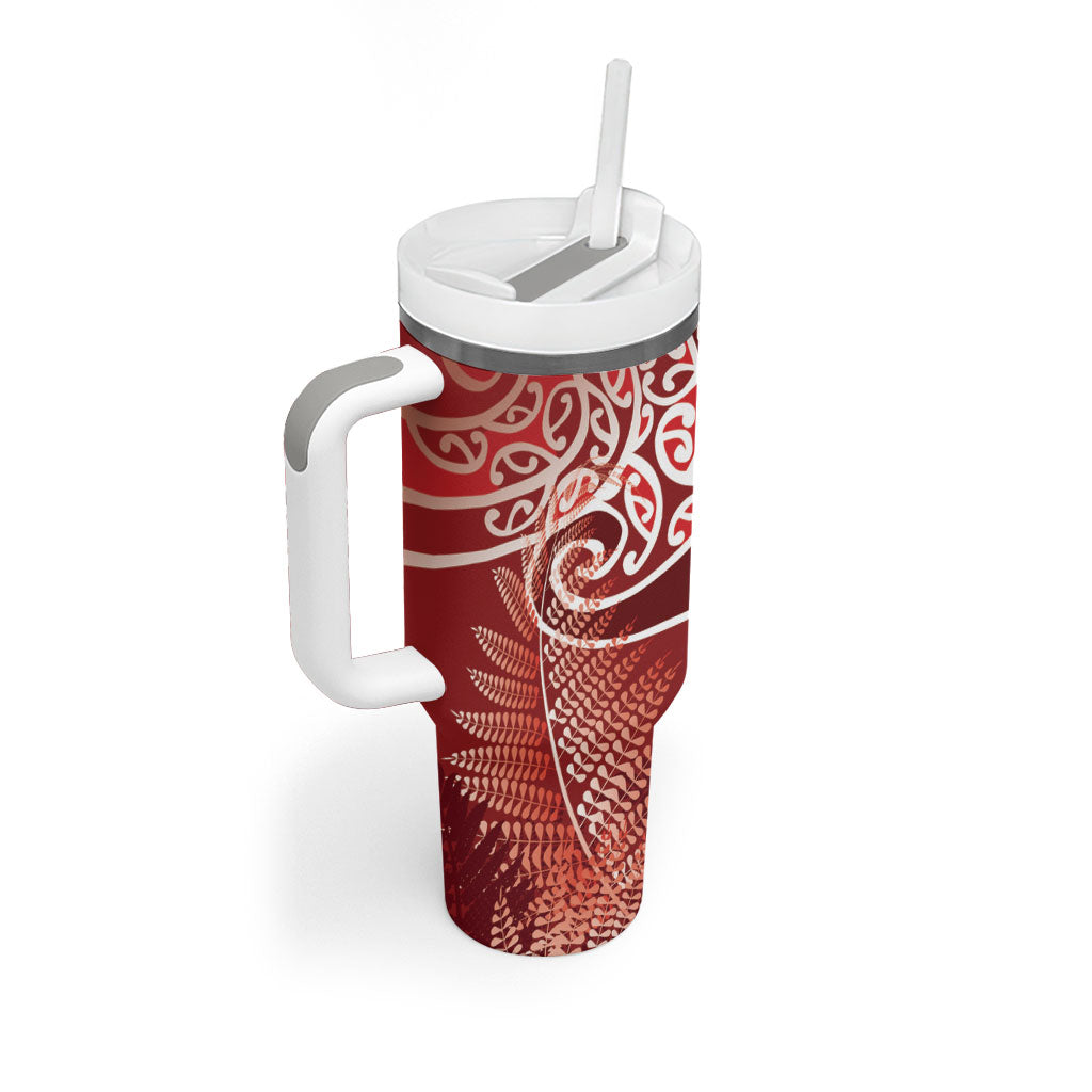 Aotearoa Maori Koru Curves Tumbler With Handle Silver Ferns - Crimson Red
