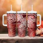Aotearoa Maori Koru Curves Tumbler With Handle Silver Ferns - Crimson Red