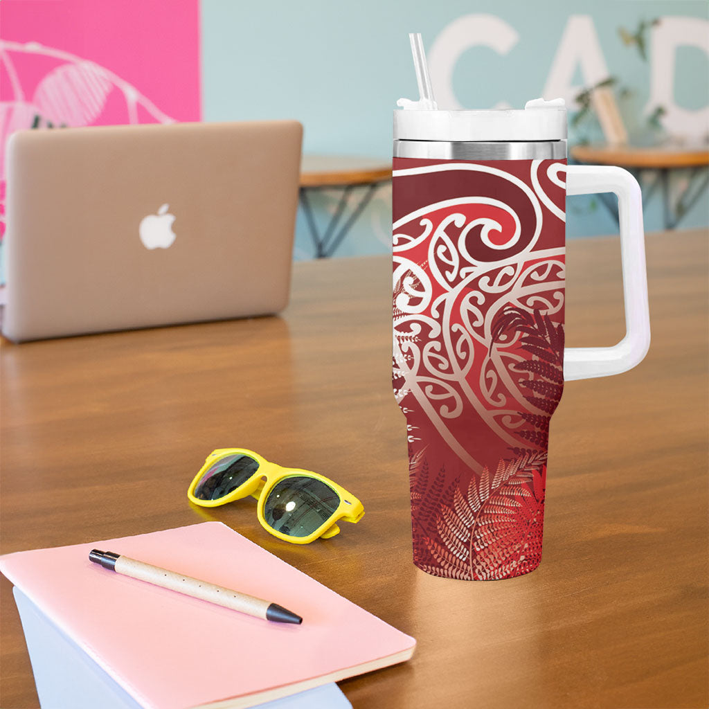 Aotearoa Maori Koru Curves Tumbler With Handle Silver Ferns - Crimson Red