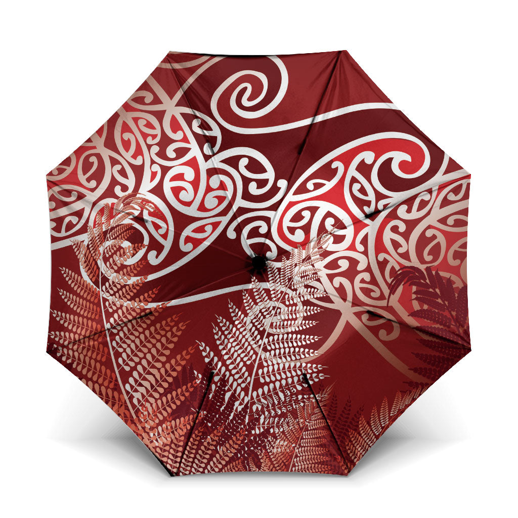 Aotearoa Maori Koru Curves Umbrella Silver Ferns - Crimson Red