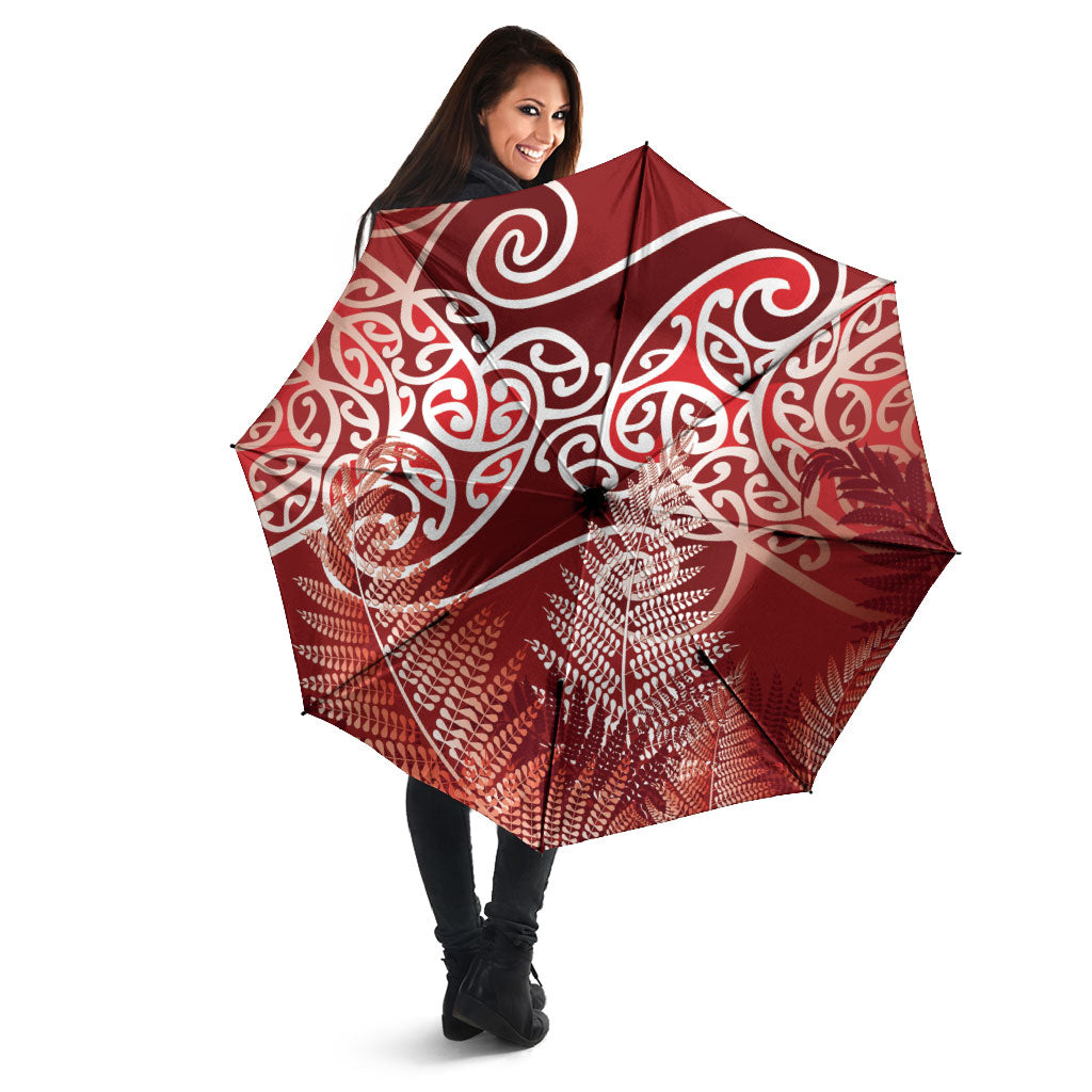 Aotearoa Maori Koru Curves Umbrella Silver Ferns - Crimson Red