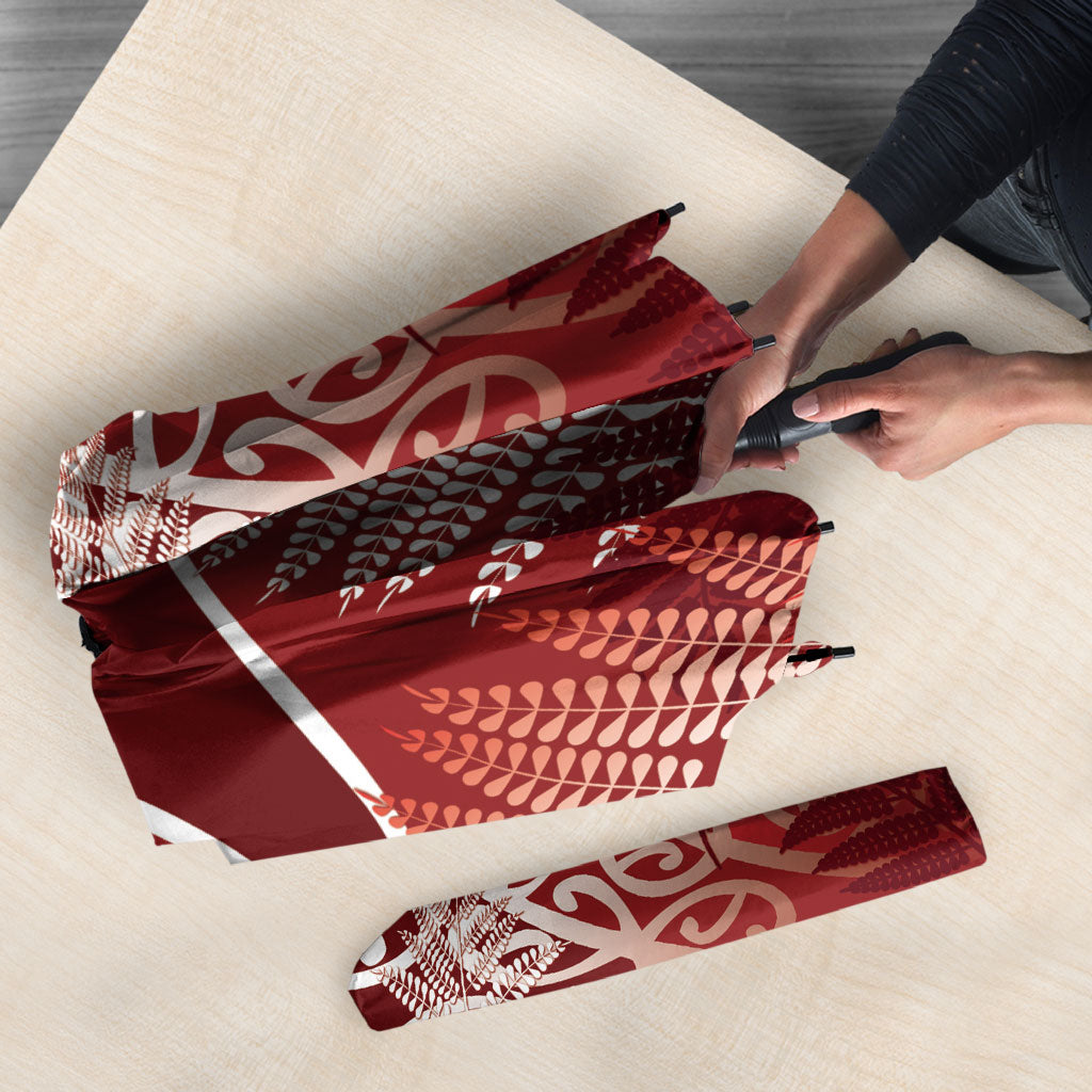 Aotearoa Maori Koru Curves Umbrella Silver Ferns - Crimson Red