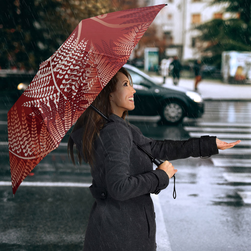 Aotearoa Maori Koru Curves Umbrella Silver Ferns - Crimson Red