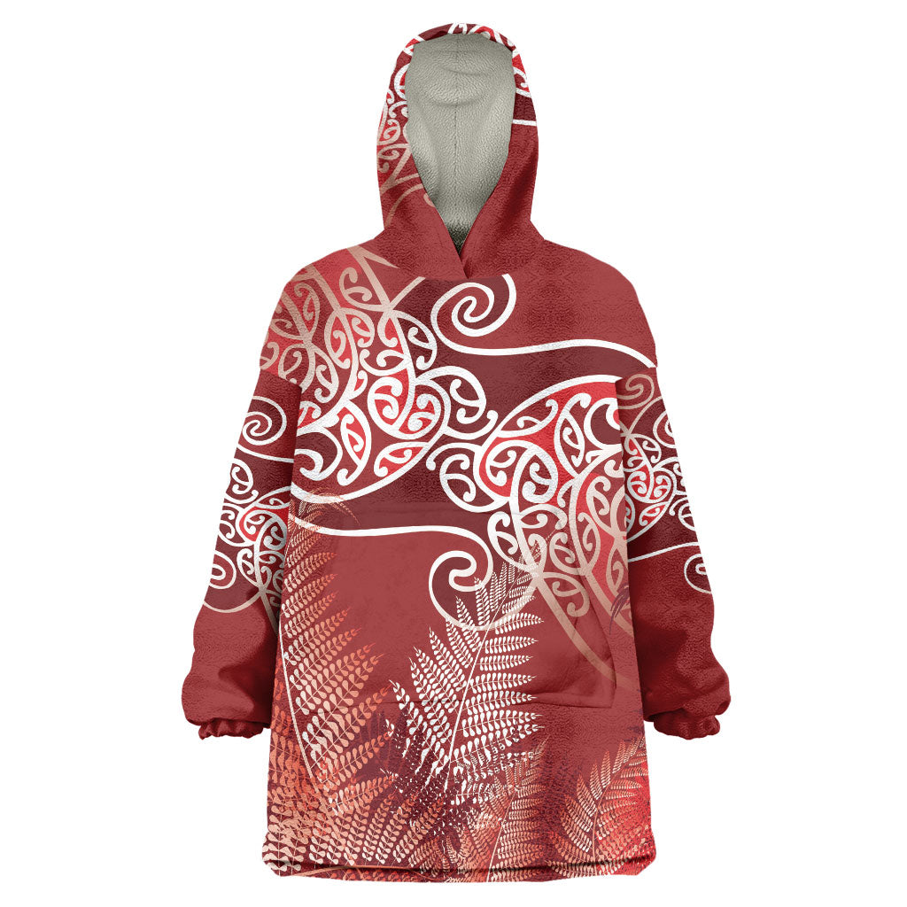 Aotearoa Maori Koru Curves Wearable Blanket Hoodie Silver Ferns - Crimson Red