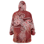 Aotearoa Maori Koru Curves Wearable Blanket Hoodie Silver Ferns - Crimson Red