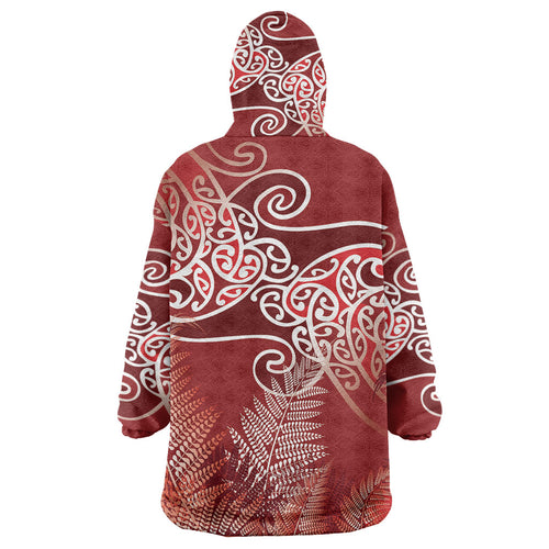 Aotearoa Maori Koru Curves Wearable Blanket Hoodie Silver Ferns - Crimson Red