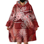 Aotearoa Maori Koru Curves Wearable Blanket Hoodie Silver Ferns - Crimson Red