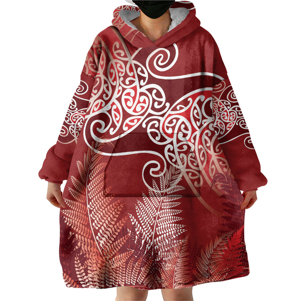Aotearoa Maori Koru Curves Wearable Blanket Hoodie Silver Ferns - Crimson Red