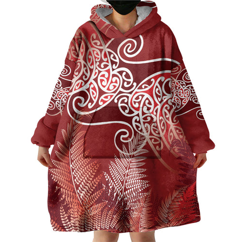 Aotearoa Maori Koru Curves Wearable Blanket Hoodie Silver Ferns - Crimson Red