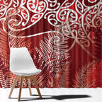 Aotearoa Maori Koru Curves Window Curtain Silver Ferns - Crimson Red